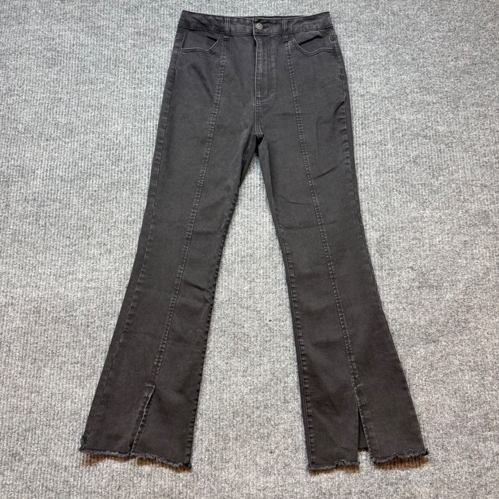 Forever 21 Black‎ Wash Flare Jeans Size 27 High Rise Split Hem Seamed Denim